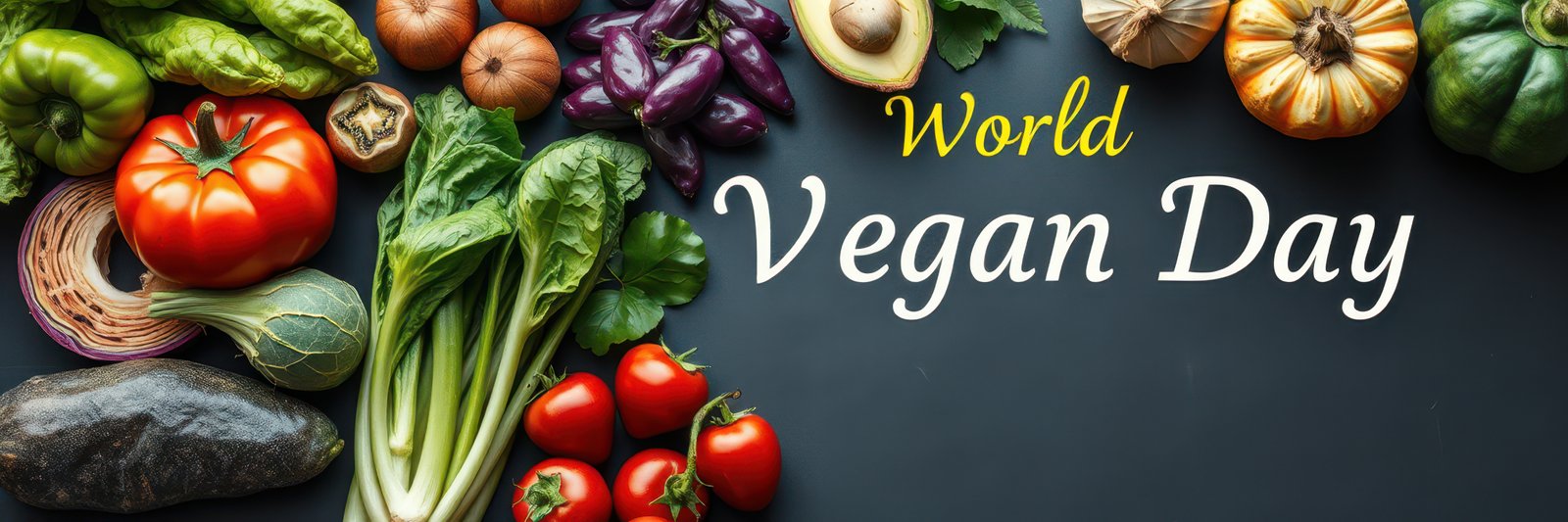 A variety of fresh fruits and vegetables arranged on a dark surface for World Vegan Day